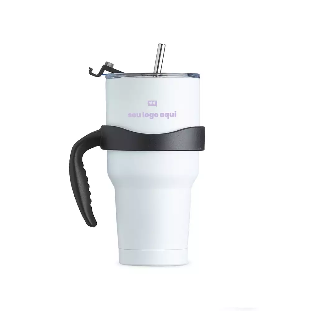 Foto de uma caneca térmica de inox com capacidade para 800 ml, contém duas tampas, sendo uma acrílica com bocal, trava de segurança, e uma pequena tampa acoplada emborrachada para dissipação da temperatura, e a segunda tampa acrílica, contém compartimento que ao deslizar acessará ao bocal. Acompanha canudo de inox e escovinha de limpeza.