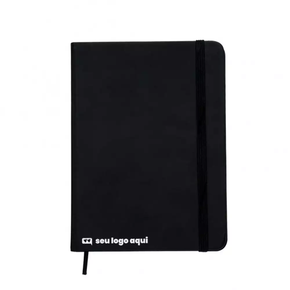 Caderneta | moleskine para brinde emborrachada com pauta, elástico para lacre e marcador de página em cetim.